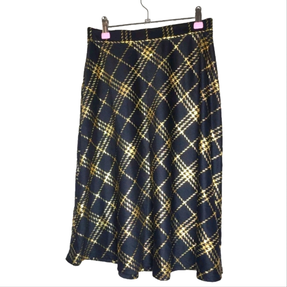 Laura Scott Petites Black and Gold Houndstooth Plaid Flared Skirt Size SP